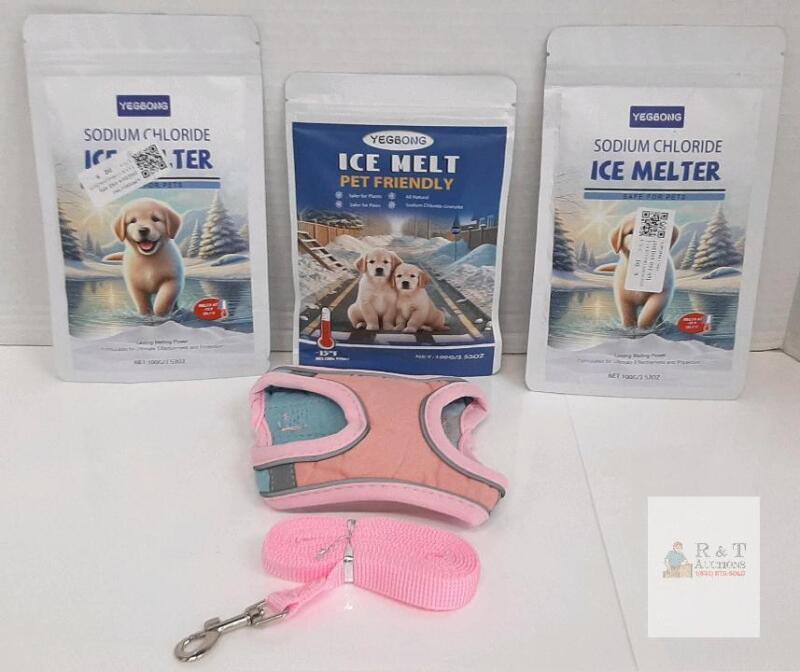Pet Care Bundle Yegbong Pet Friendly Ice Melt 3-Pack, Small Dog Harness & Leash Bundle, Pink/Blue