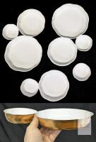 NEW Modern Gold Enamelware Dinner Plate and Bowl Set, Scalloped Edge, White Interior, 9 PC