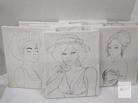 new Set of 8 Pre-Drawn 10"x12" Canvas Portraits of Women, Stretched Cotton Art Painting Kit