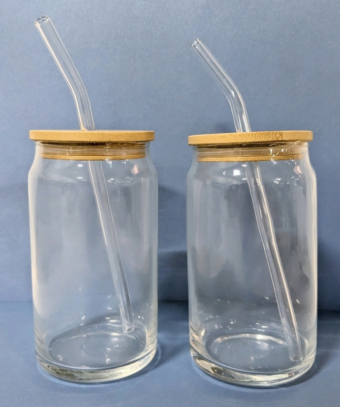 2 New Glass Tumblers with Glass Straws & Bamboo Wood Lids.