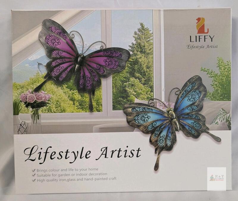 LIFFY Lifestyle Artist Metal Butterfly Wall Decor Set of 2, Hand-Painted Iron/Glass, Blue & Purple