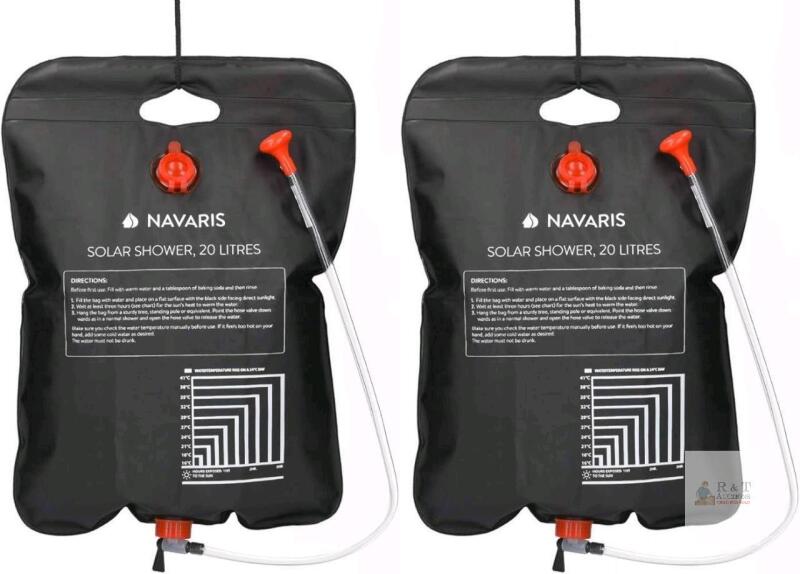 New 2-Pack NAVARIS Solar Shower Bag 5 US Liquid Gallons / 20L - Solar Heating Camping Shower Bag with Shower Head, Hose, Tap Head for Travel, Hiking, Backpacking