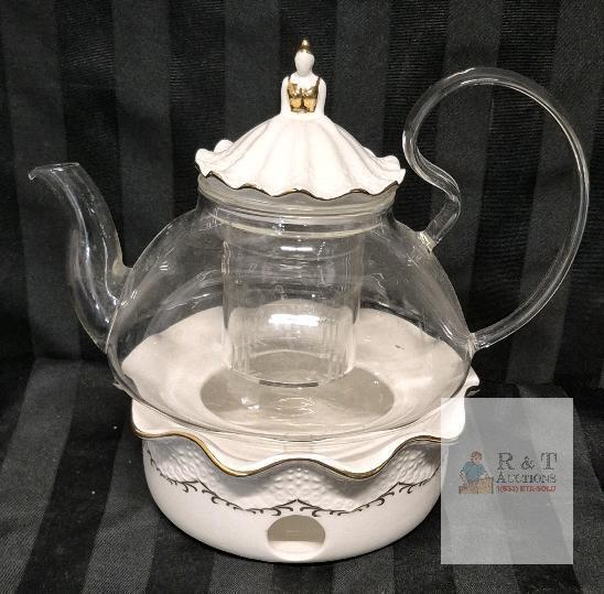 Blooming Tea Pot Set, Luxury British Design with Relief Decor & Gold Trims, Hand-Crafted Clear Teapot with Warmer, 40oz Glass Teapot with Infuser, Stove-Safe