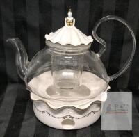 Blooming Tea Pot Set, Luxury British Design with Relief Decor & Gold Trims, Hand-Crafted Clear Teapot with Warmer, 40oz Glass Teapot with Infuser, Stove-Safe