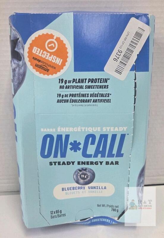 ON CALL Steady Energy Bar Blueberry Vanilla 12-Pack, 19g Plant Protein, High Fiber, No Artificial Sweeteners
