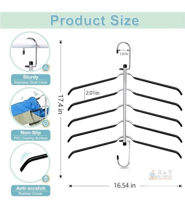 5-Layer Stainless Steel Clothes Hanger Set, Non-Slip, Space Saving, 16.5"x17.4", Black/Silver
