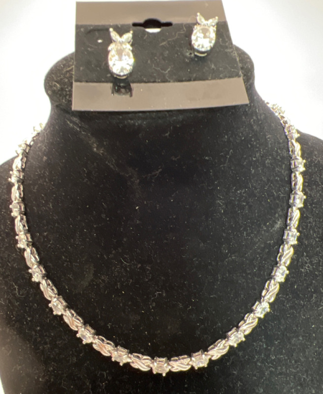 CZ 925 Sterling Line Necklace Earrings
