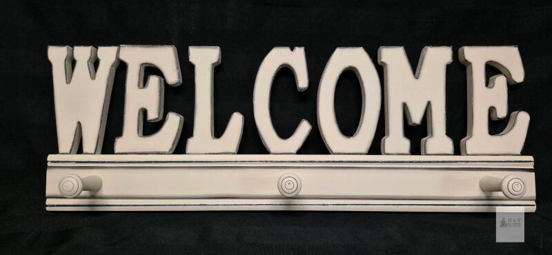 Rustic Wooden "WELCOME" Wall Sign with 3 Hooks, 20" Wide, Creative Co-Op, Dual D-Ring Mounts