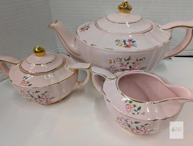 Vintage Gilder England Pink Floral Porcelain Tea Set 2060 Teapot, Sugar Bowl, Creamer
