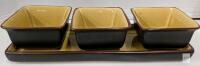 Modern 3-Piece Ceramic Square Serving Bowl Set with Rectangular Tray, Brown & Mustard Yellow