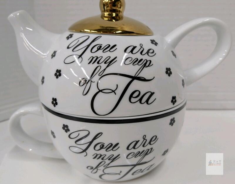 C&CO "WITH LOVE" Porcelain Tea-for-One Set with Gold Lid and Inspirational Quote