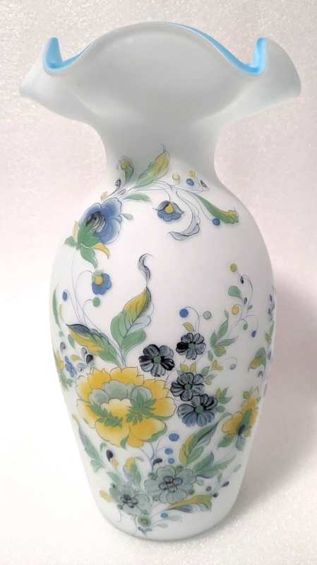 Vintage Norleans Handpainted Floral Designs Frosted Glass Vase with Blue Interior.