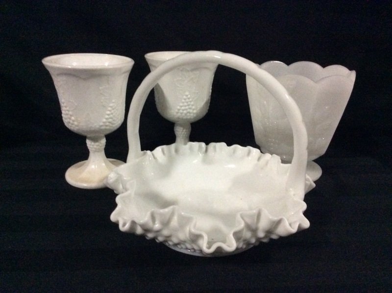 Vintage Milk Glass Hobnail Basket 2 Goblets & Planter