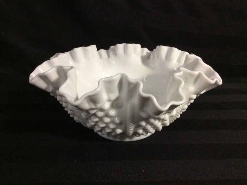 Vintage Hobnail Milk Glass Dish Fluted Edge 8 inches wide