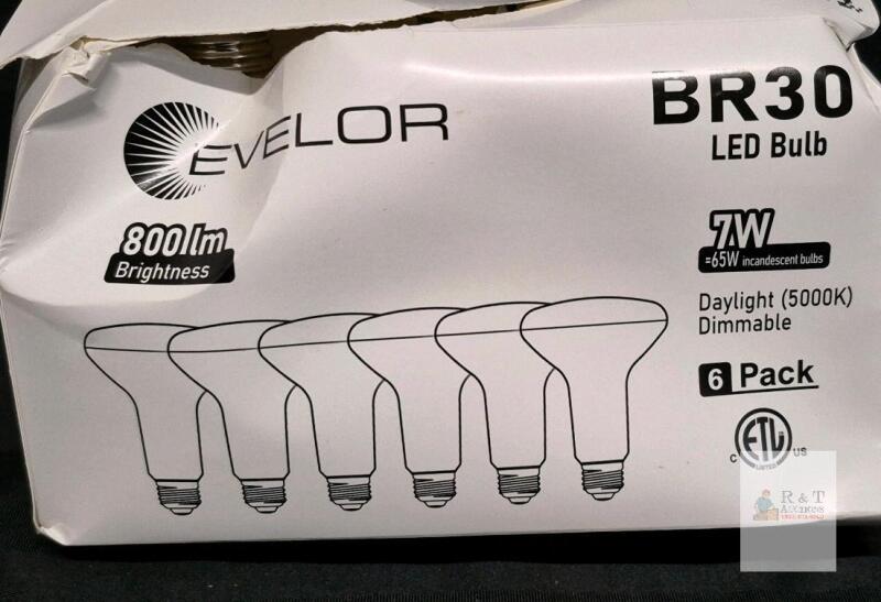 Box damaged but product not affected Evelor BR30 LED Bulb, 7W (65W Eq), 800 lm, 5000K Daylight, E26, Dimmable, 6 Pack, ETL