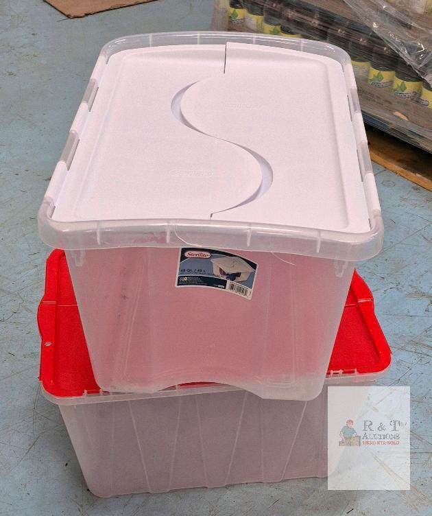 Sterilite 1914 48 Qt. Hinged Lid Storage Box, Clear Base with White and Red Lids Crack in one container
