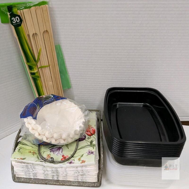 Assorted Disposable Kitchenware: 30 Bamboo Chopsticks, 7 Meal Prep Containers, 70 Floral Napkins, Pie Crusts