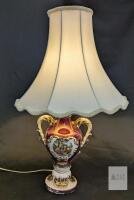 Vintage Rococo Porcelain Table Lamp, Maroon & Gold, Courting Scene, "253", 25" Tall, tested for power, lightbulb housing loose, no chips or cracks, does not include bulb