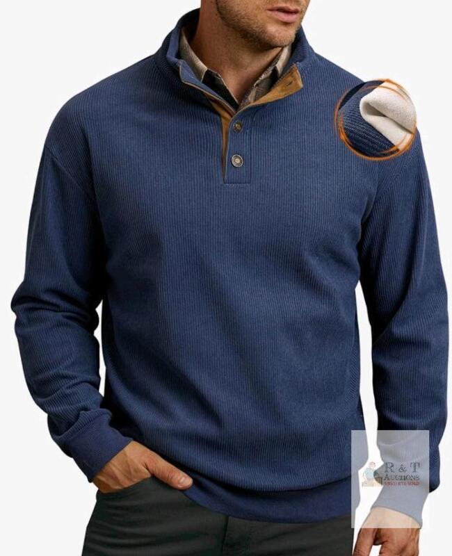 New sz Large Mens Corduroy Fleece-Lined Sweatshirts Winter Heavyweight Casual Fashion Button Pullover