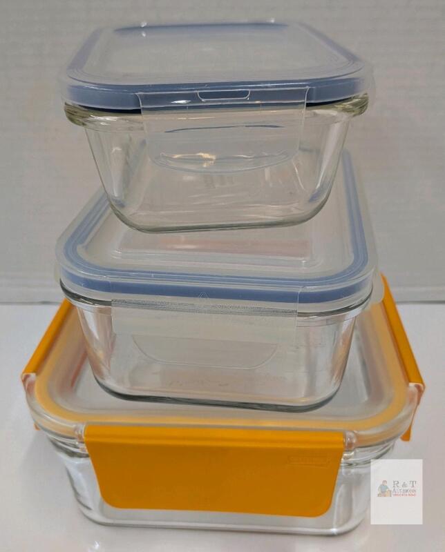 3 Glasslock Rectangular Glass Storage Containers, Snap-Lock Lids, 50oz & 2x27oz, Stackable