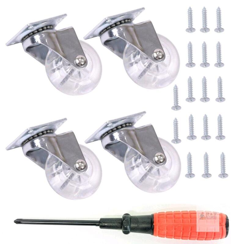 New 4-Pack 3" Swivel Clear Polyurethane Caster Wheels, 800 lbs Set, Clear, Plate Mount, Includes Screws & Screwdriver