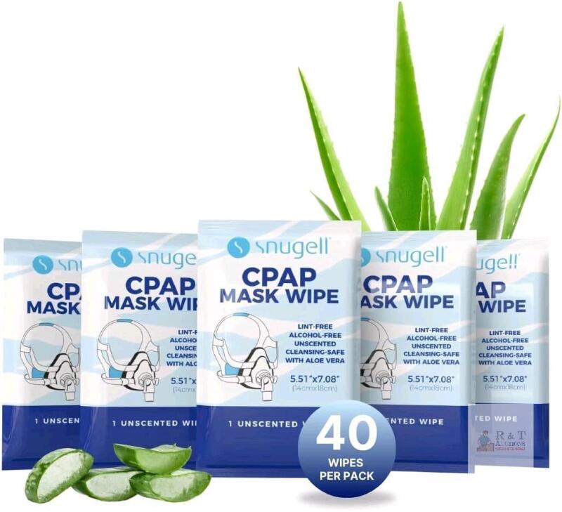 New 40-Pack SNUGELL Individual CPAP Wipes | Unscented, Lint-Free, Alcohol-Free | with Aloe Vera | Convenient, Easy to use, Travel-Friendly Disposable Cleansing-Safe Wipes for CPAP Users