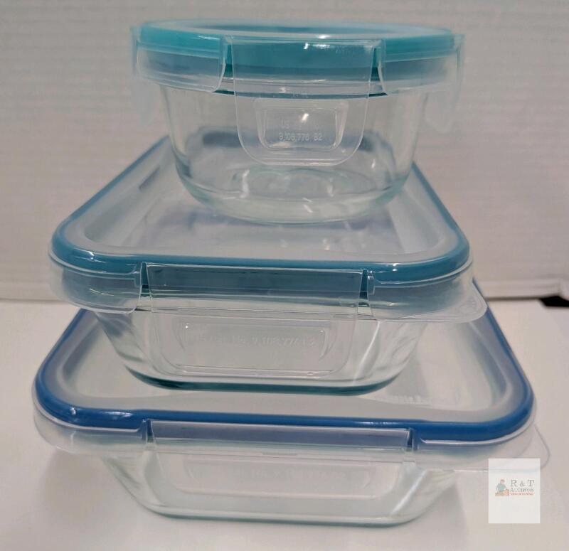 Snapware Glass Food Storage Set 3pc: Airtight Leakproof, Made in USA, Rectangular & Round, Blue Lids