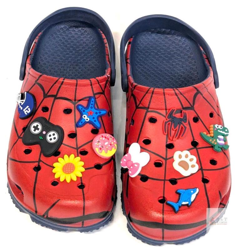 New Size J3 Youth Spiderman-Style Foam Clog-Type Shoes With Back Straps & Assorted Charms (Charms May Vary)