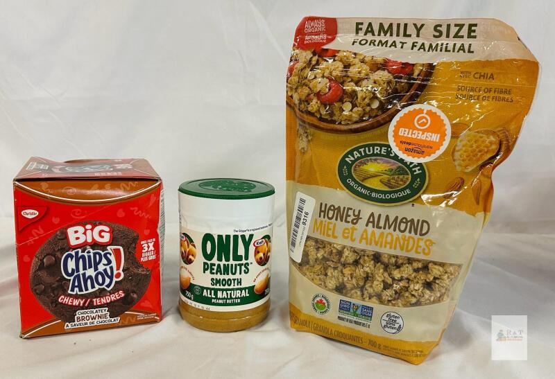 see photos for BB Chips Ahoy! Big Chewy Brownie Cookies 258g, Kraft Only Peanuts Butter 750g, Nature's Path Honey Almond Granola 700g