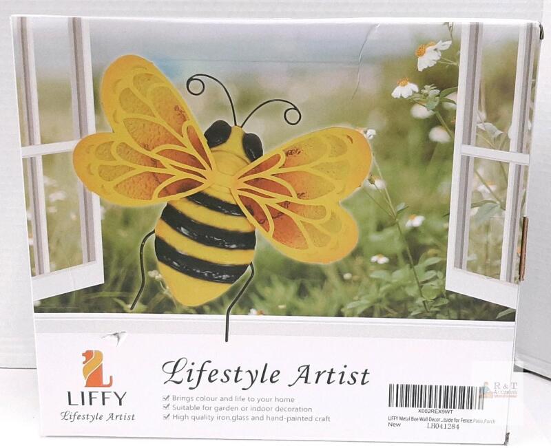 NEW LIFFY Metal Bee Wall Decor, Iron and Glass, 12"x8.2" for Outdoor Fence, Patio, Porch, LH041284