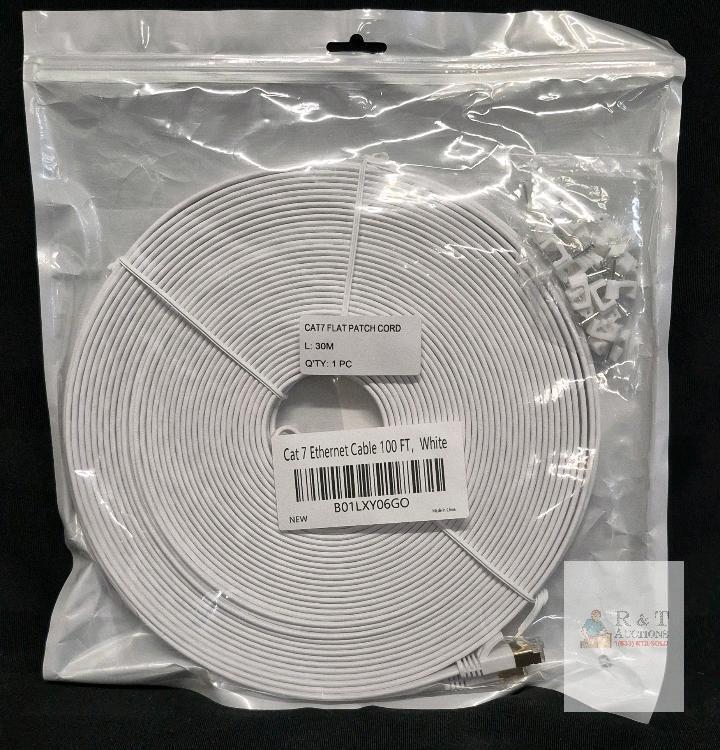 NEW Cat 7 Ethernet Cable 100 FT White Flat Patch Cord, RJ45, New with Clips, B01LXY06GO