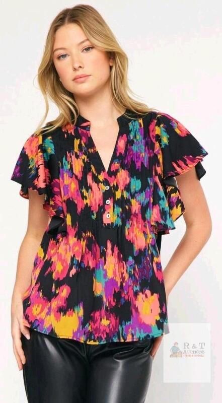 New Size 2XL Women's KissModa Short Sleeve Gauzy Flowy Colorsplash Summer Top