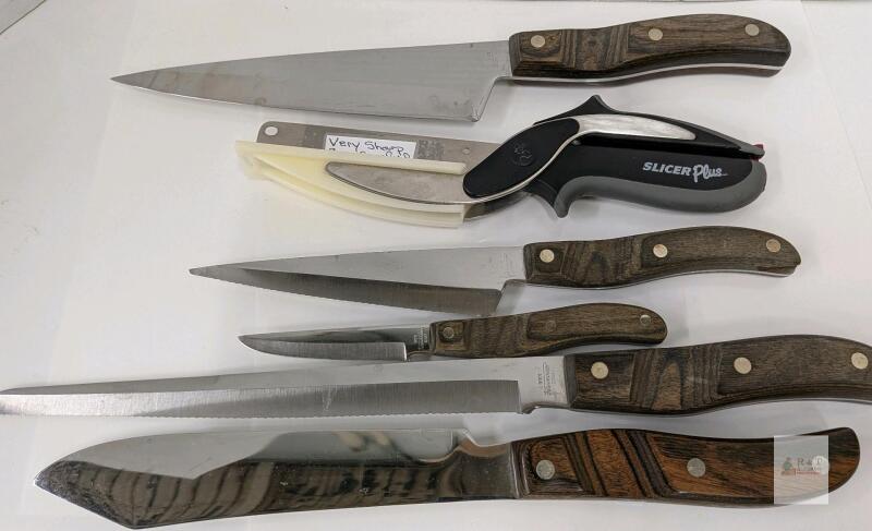 Vintage Kitchen Knife Set &ndash; Mixed Wood Handles, Stainless Steel, Slicer Plus Tool