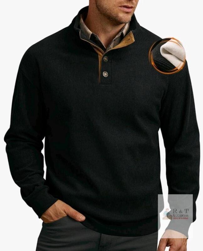 New sz Large Mens Corduroy Fleece-Lined Sweatshirts Winter Heavyweight Casual Fashion Button Pullover