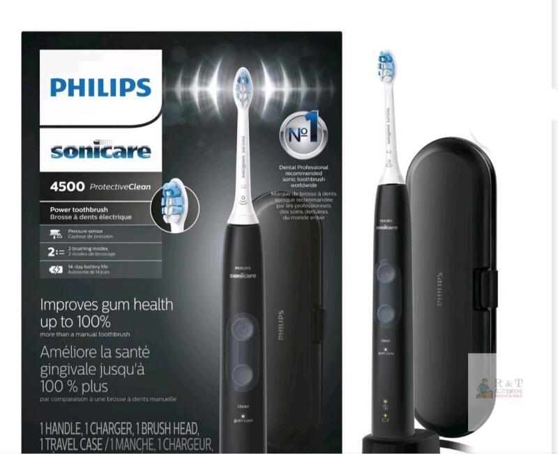New , Sealed - Box has some bend damage Philips Sonicare 4500 ProtectiveClean Electric Toothbrush, Black, 2 Modes, Travel Case