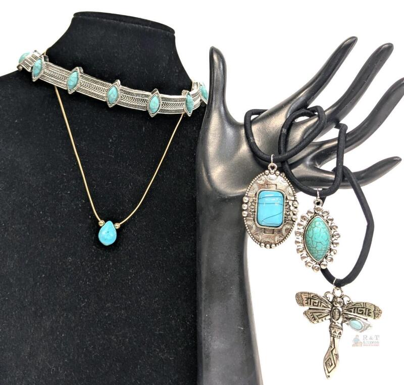New Western-Style Faux Turquoise Choker & Necklace + 3 Pendants on Elastics