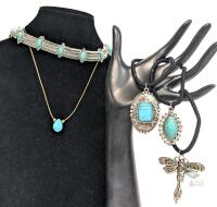 New Western-Style Faux Turquoise Choker & Necklace + 3 Pendants on Elastics
