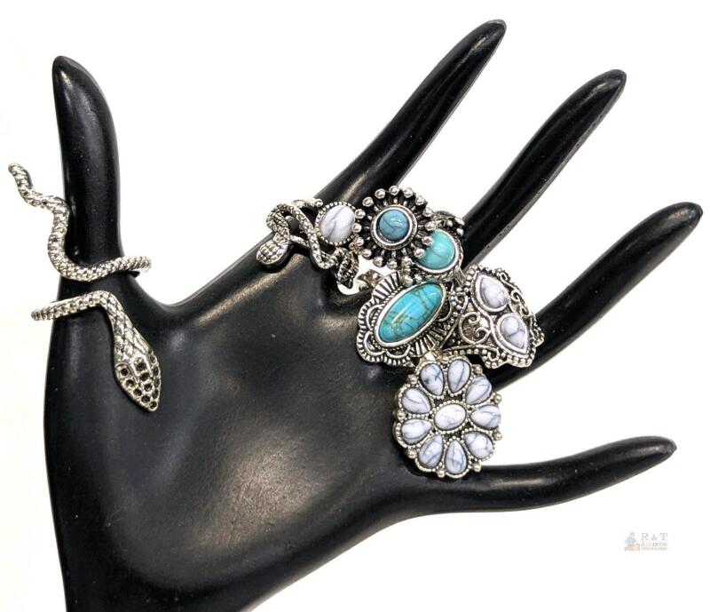 New Size 5, 6, 6.5 Western-Style Faux Turquoise Rings, 8-Pack (Non-Magnetic)