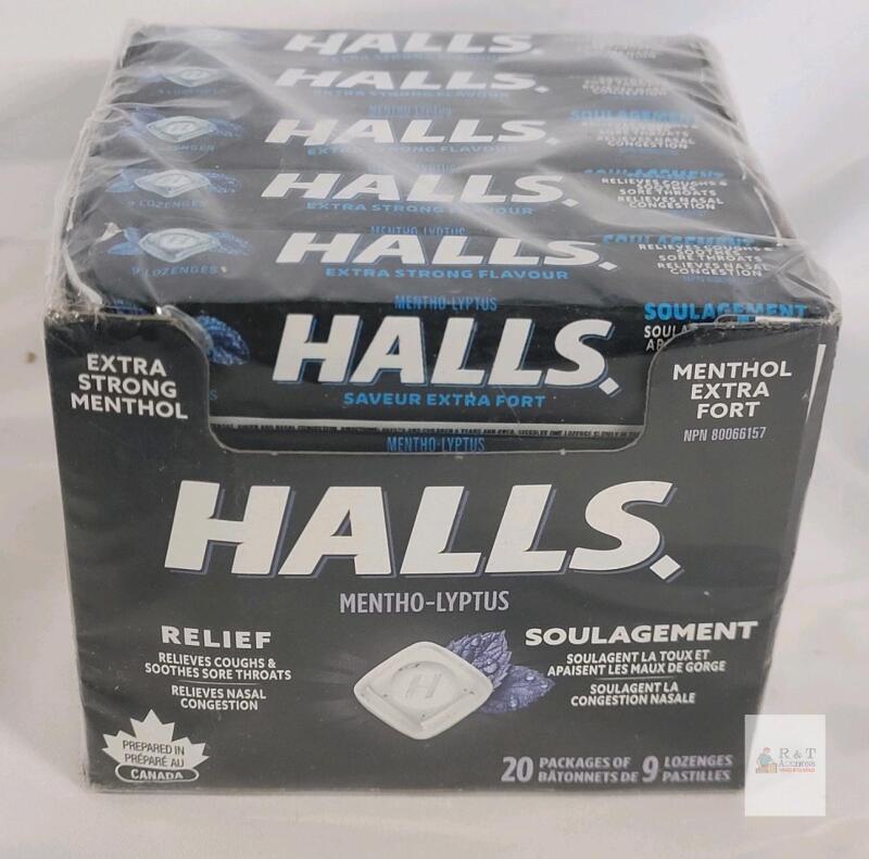 [EXP 2027 DE 04] 20 New Packages of HALLS Mentho-Lyptus Extra Strength Menthol Cough / Sore Throat Relief Lozenges, 9 Lozenges Per Pack