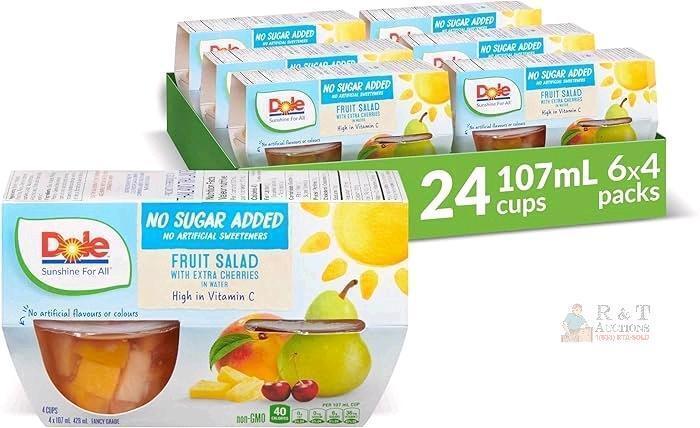 New Case of DOLE No Sugar Added Fruit Salad with Extra Cherries, 6 Packs of 4 x 107 mL Cups, 12 Pack, Best Before 2026 MAY 9