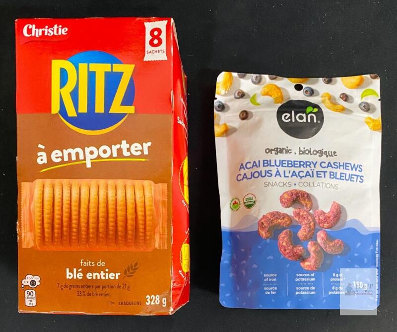 BB 2027 Elan Organic Acai Blueberry Cashews 150g Resealable USDA, BB 2026 Christie Ritz To-Go Whole Wheat 328g 8 Packs