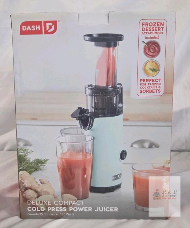 NEW Dash Deluxe Compact Cold Press Juicer, 130W, Frozen Dessert Attachment, Aqua,