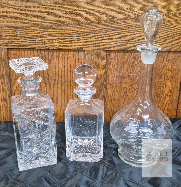 Set of 3 Crystal Spirits Decanters, Square Starburst & Etched Wine, Stoppers Included, 10-14 in Tall Chips on stoppers