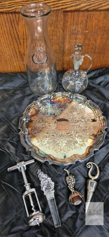 Vintage Barware Set: Primrose Plate Silver Tray, Carafe, Decanter, Corkscrew & 3 Stoppers Chips on stopper