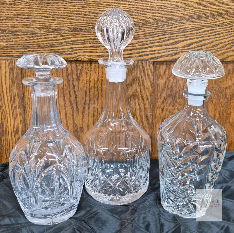 Set of Three Vintage Cut Crystal Liquor Decanters with Faceted Stoppers, 13" Tall Chips on stoppers