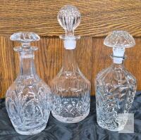 Set of Three Vintage Cut Crystal Liquor Decanters with Faceted Stoppers, 13" Tall Chips on stoppers