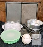 Assorted Kitchenware and Bakeware Lot: Baking Sheets, Muffin Pans, Cake Pan, Garlic Keeper, Mold, Casserole Dish