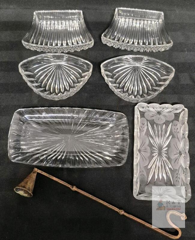 Vintage Pressed Glass Relish Dishes Set of 6 with Antique 13.5" Metal Candle Snuffer
