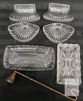 Vintage Pressed Glass Relish Dishes Set of 6 with Antique 13.5" Metal Candle Snuffer