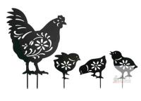 Metal Chicken Garden Stakes Set, Powder-Coated Steel, 4 Pieces, Black, 12in Tall, Outdoor Decor